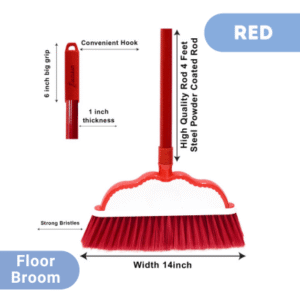 Floor Broom with Metal Rod -Red